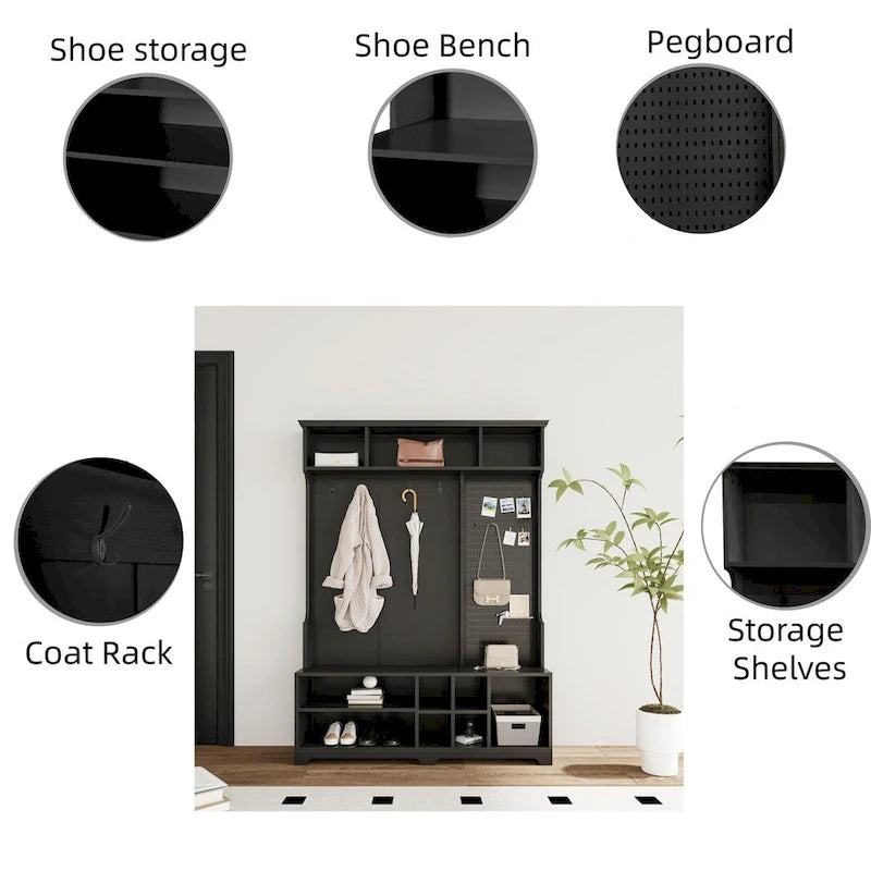 Appendiabiti da ingresso bianco e nero con panca portascarpe, appendiabiti e pannello forato