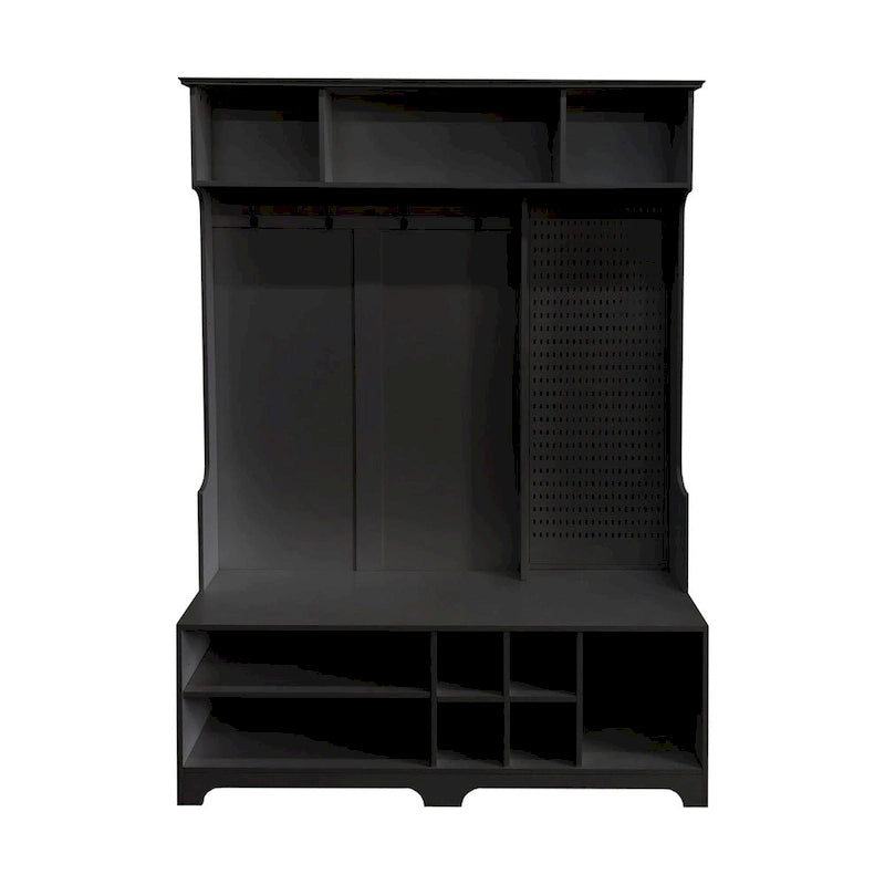 Appendiabiti da ingresso bianco e nero con panca portascarpe, appendiabiti e pannello forato