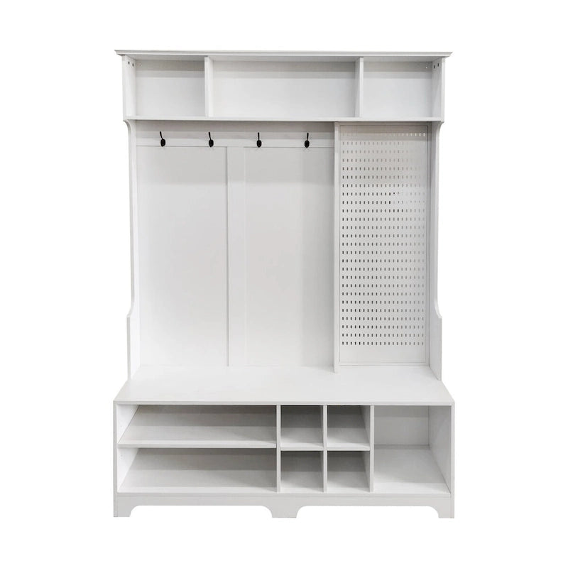 Appendiabiti da ingresso bianco e nero con panca portascarpe, appendiabiti e pannello forato