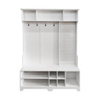 Appendiabiti da ingresso bianco e nero con panca portascarpe, appendiabiti e pannello forato