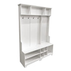 Appendiabiti da ingresso bianco e nero con panca portascarpe, appendiabiti e pannello forato