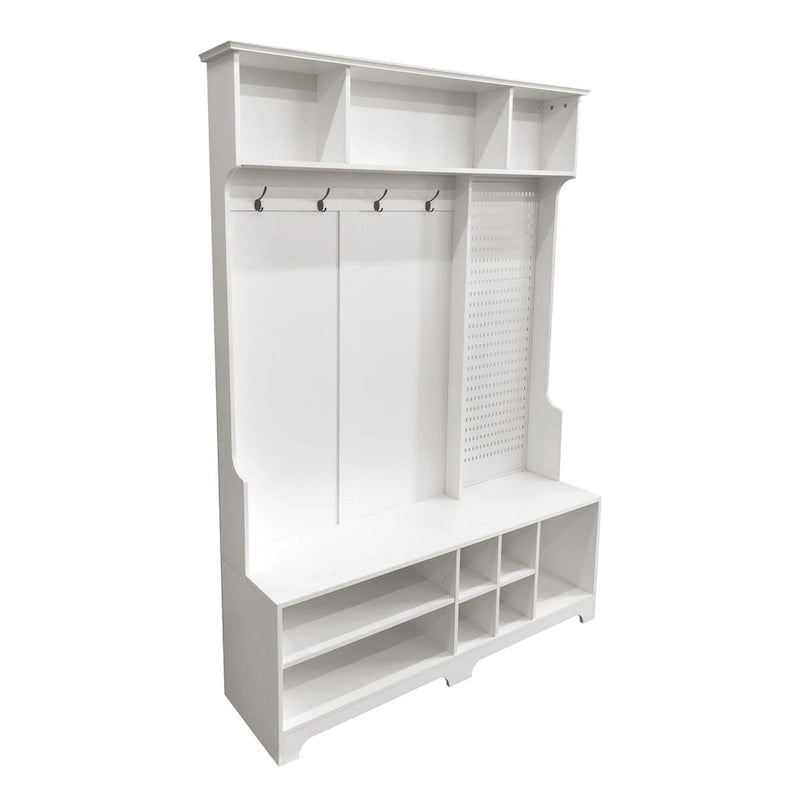 Appendiabiti da ingresso bianco e nero con panca portascarpe, appendiabiti e pannello forato