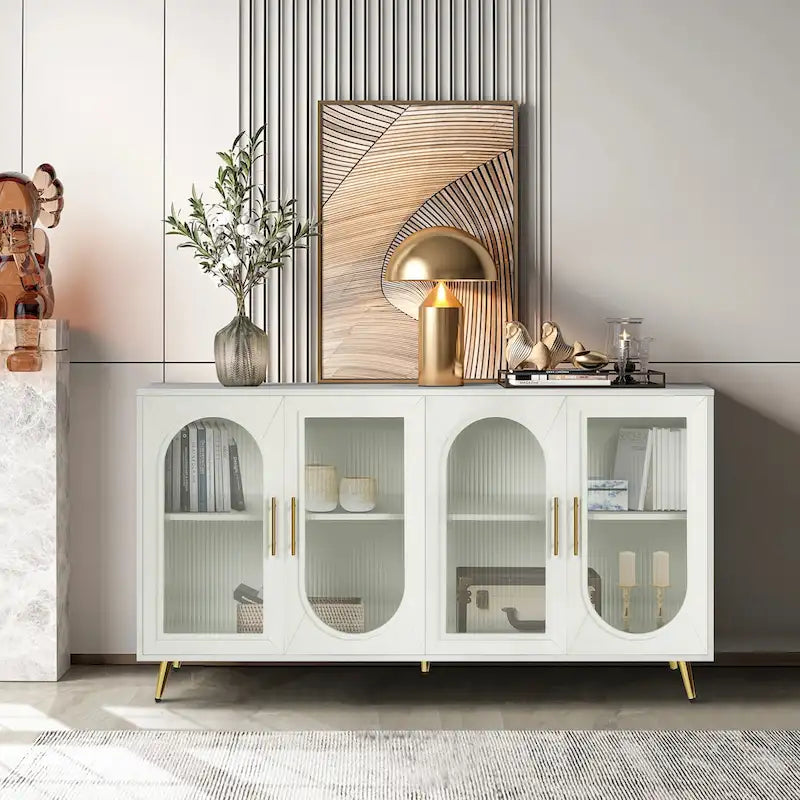 Mobile TV Oro / Blu / Bianco Antico con Anta in Vetro e Ripiani Regolabili – Adatto per TV da 65"+