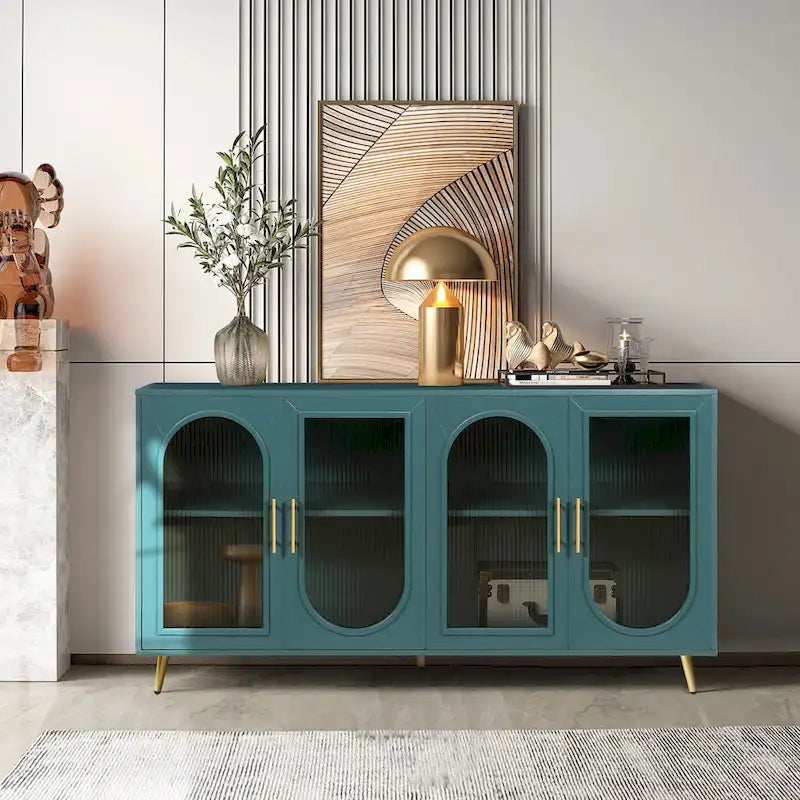 Mobile TV Oro / Blu / Bianco Antico con Anta in Vetro e Ripiani Regolabili – Adatto per TV da 65"+