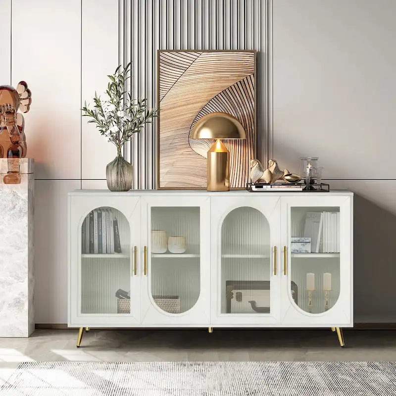 Mobile TV Oro / Blu / Bianco Antico con Anta in Vetro e Ripiani Regolabili – Adatto per TV da 65"+