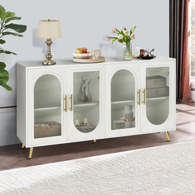 Mobile TV Oro / Blu / Bianco Antico con Anta in Vetro e Ripiani Regolabili – Adatto per TV da 65"+