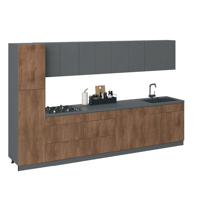 Set di mobili da cucina moderni – Argento / Bianco / Sabbia / Nero, finitura in teak e verniciata, cucina da 2-4 persone