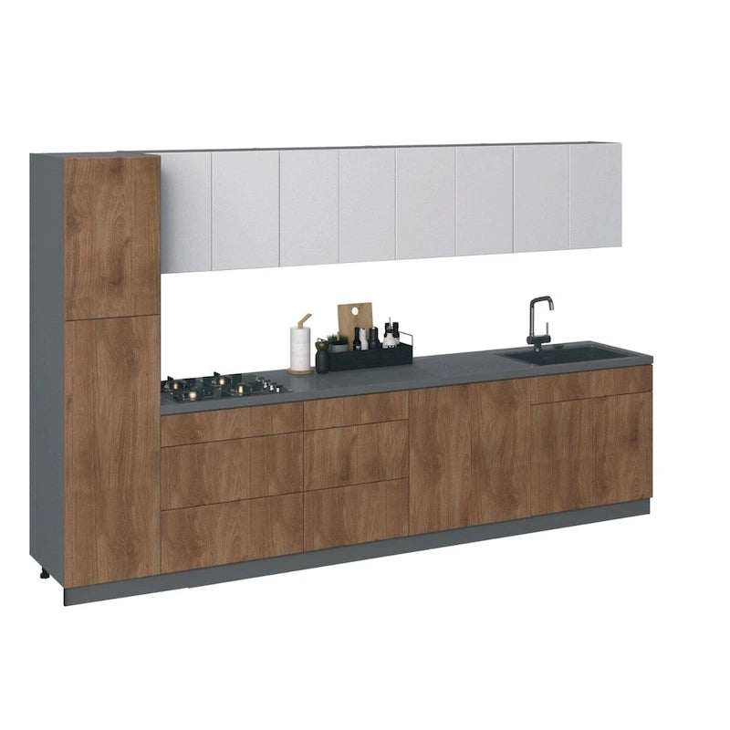 Set di mobili da cucina moderni – Argento / Bianco / Sabbia / Nero, finitura in teak e verniciata, cucina da 2-4 persone