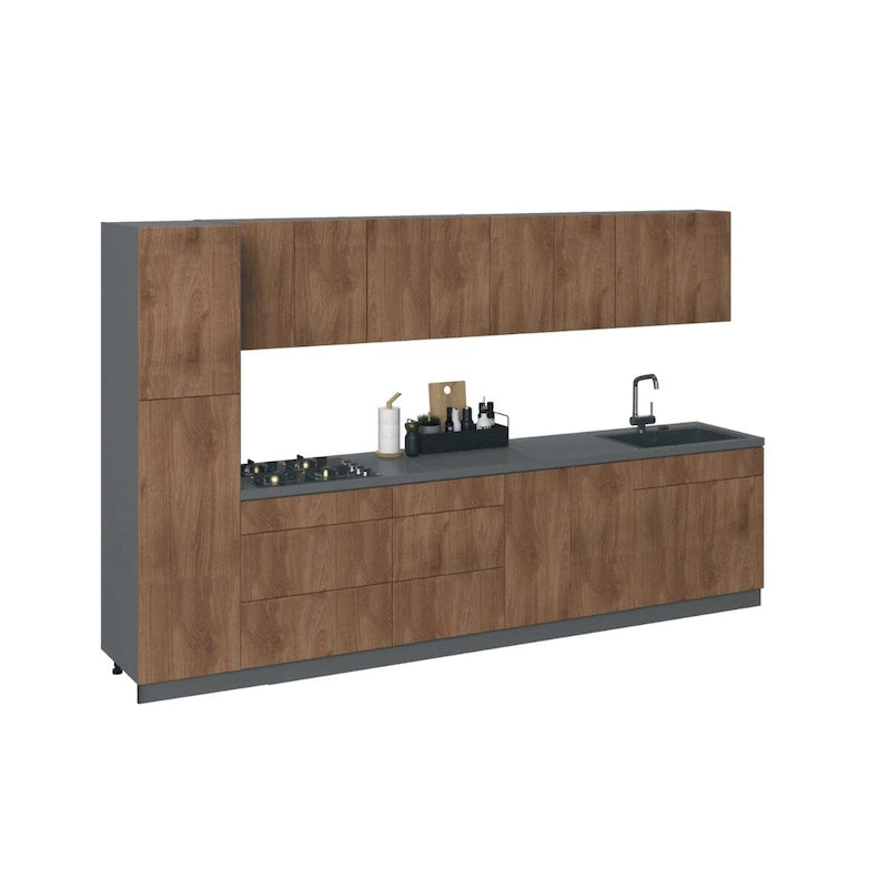 Set di mobili da cucina moderni – Argento / Bianco / Sabbia / Nero, finitura in teak e verniciata, cucina da 2-4 persone