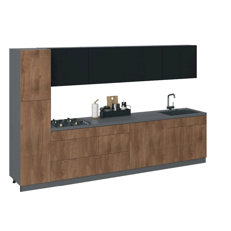 Set di mobili da cucina moderni – Argento / Bianco / Sabbia / Nero, finitura in teak e verniciata, cucina da 2-4 persone
