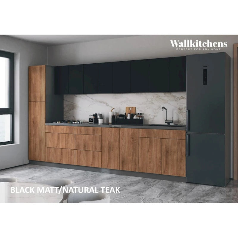 Set di mobili da cucina moderni – Argento / Bianco / Sabbia / Nero, finitura in teak e verniciata, cucina da 2-4 persone