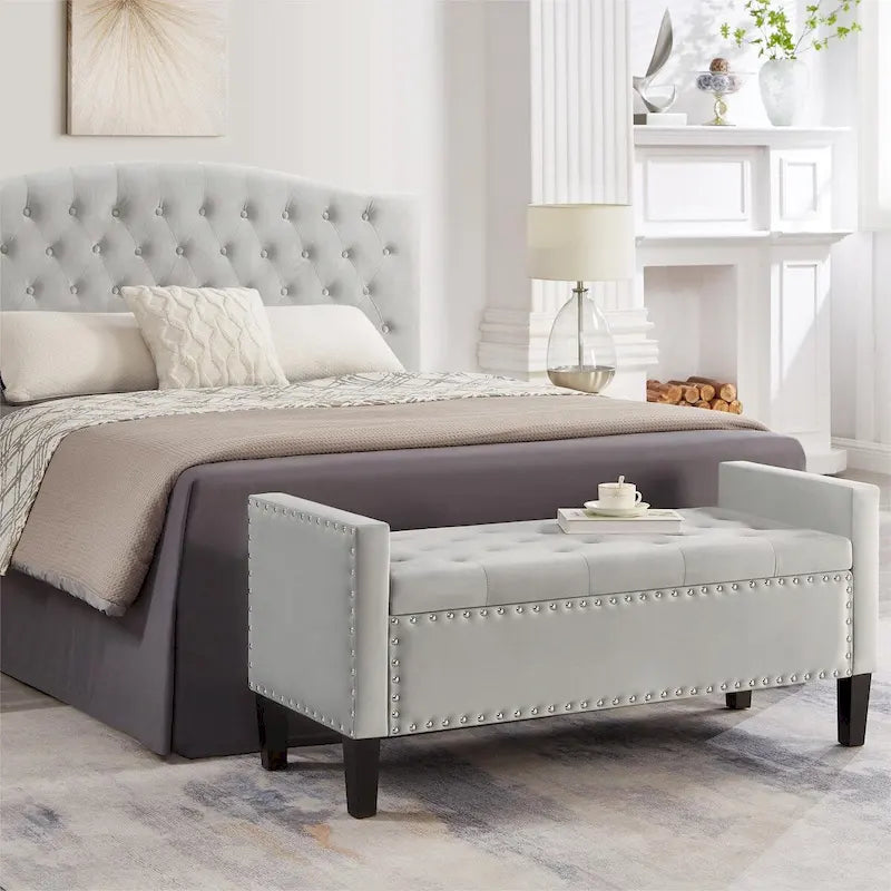 Panca contenitore trapuntata in velluto nero / grigio / beige / blu scuro, seduta singola