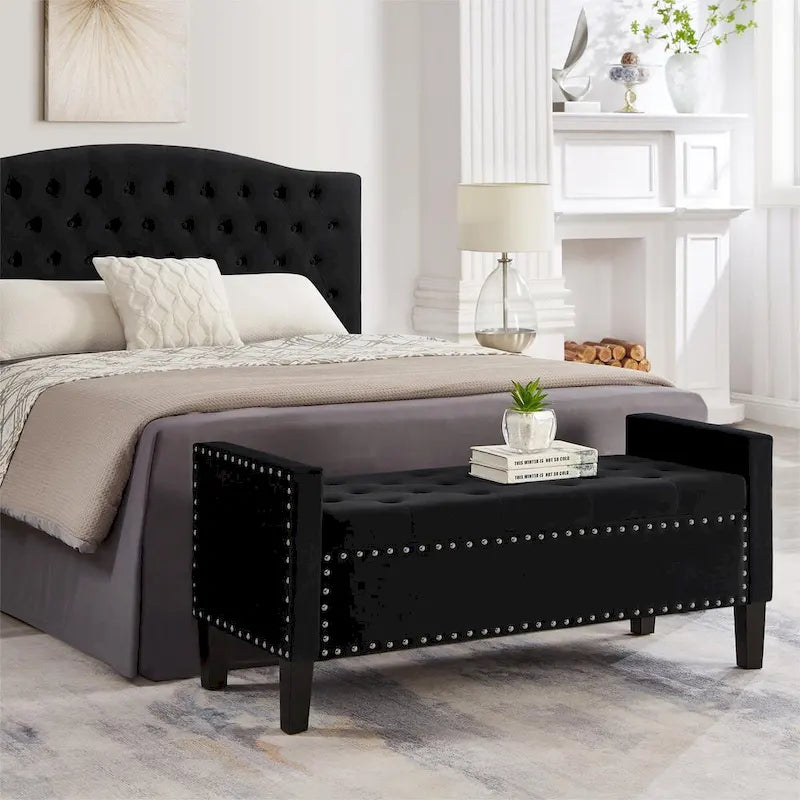 Panca contenitore trapuntata in velluto nero / grigio / beige / blu scuro, seduta singola