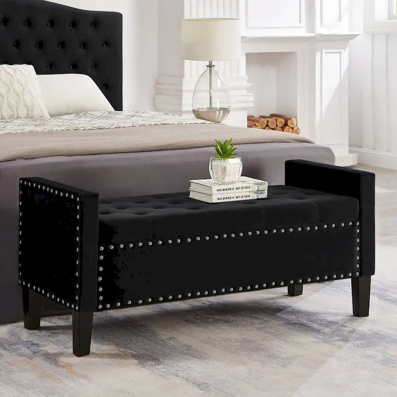 Panca contenitore trapuntata in velluto nero / grigio / beige / blu scuro, seduta singola