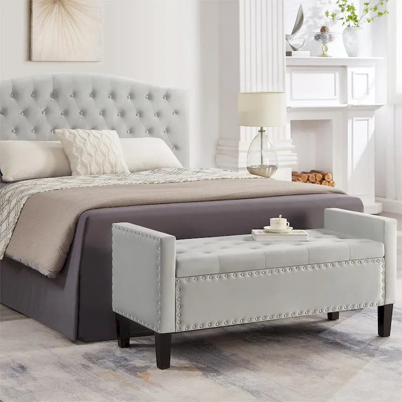 Panca contenitore trapuntata in velluto nero / grigio / beige / blu scuro, seduta singola