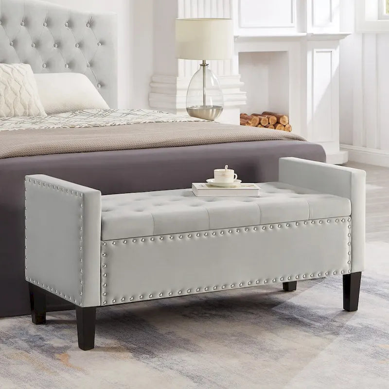 Panca contenitore trapuntata in velluto nero / grigio / beige / blu scuro, seduta singola