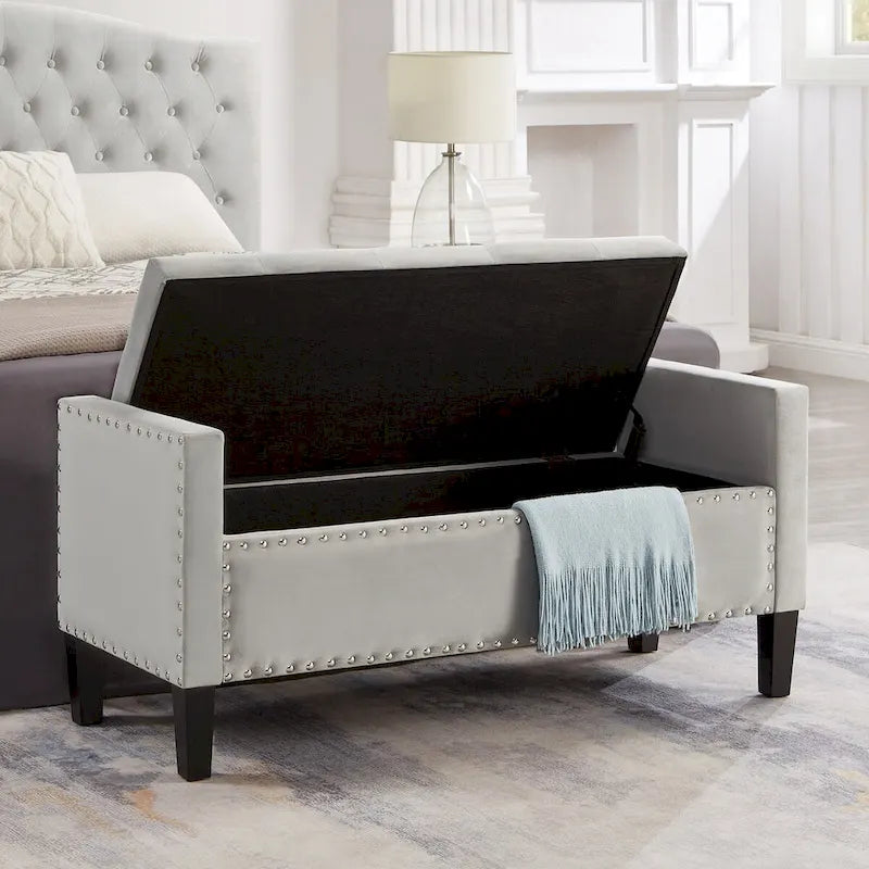 Panca contenitore trapuntata in velluto nero / grigio / beige / blu scuro, seduta singola