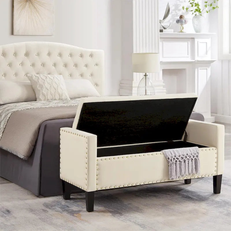 Panca contenitore trapuntata in velluto nero / grigio / beige / blu scuro, seduta singola