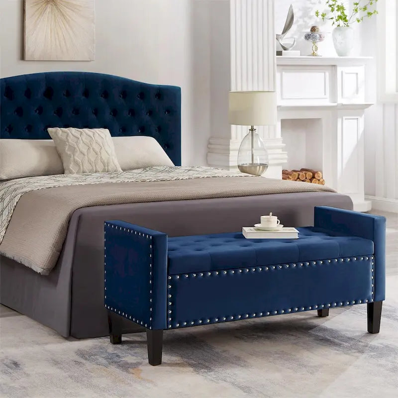 Panca contenitore trapuntata in velluto nero / grigio / beige / blu scuro, seduta singola