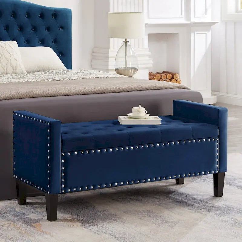 Panca contenitore trapuntata in velluto nero / grigio / beige / blu scuro, seduta singola