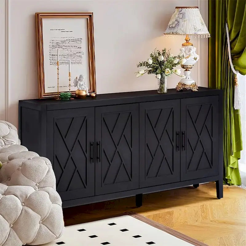 Credenza a 4 ante nera/blu navy/marrone, stile vintage, MDF + pino