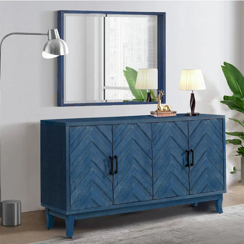 Credenza a 4 ante nera/blu navy/marrone, stile vintage, MDF + pino