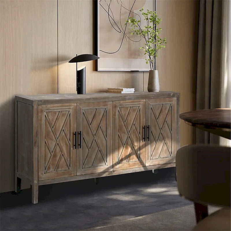 Credenza a 4 ante nera/blu navy/marrone, stile vintage, MDF + pino