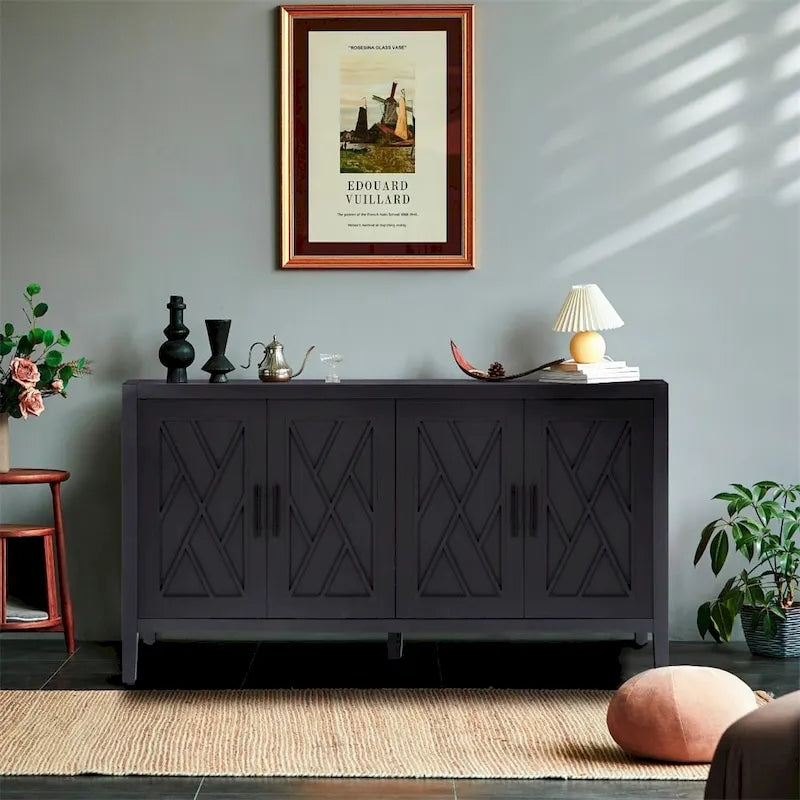 Credenza a 4 ante nera/blu navy/marrone, stile vintage, MDF + pino