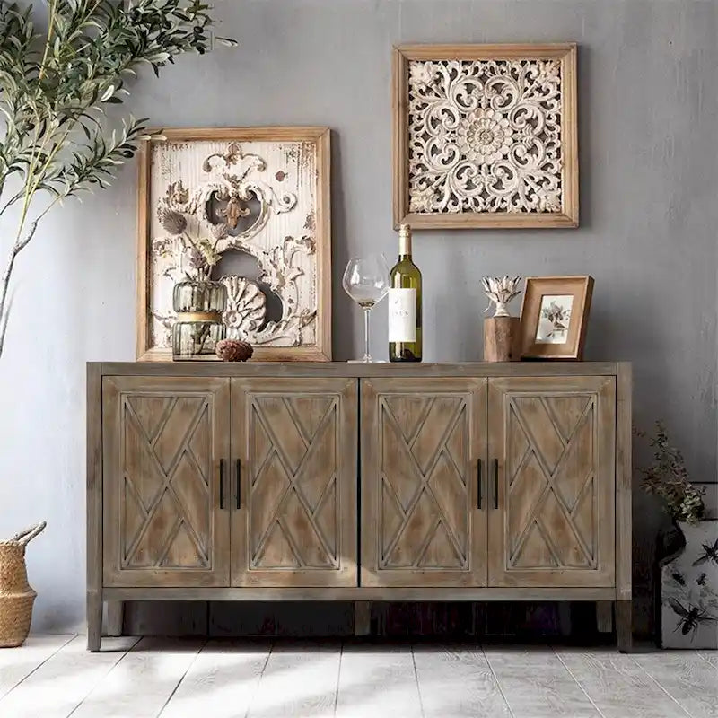 Credenza a 4 ante nera/blu navy/marrone, stile vintage, MDF + pino