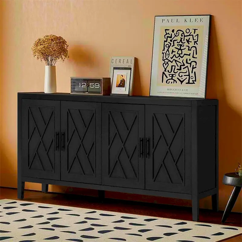 Credenza a 4 ante nera/blu navy/marrone, stile vintage, MDF + pino