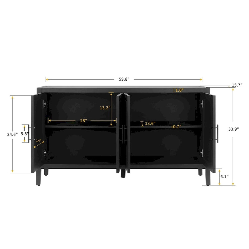 Credenza a 4 ante nera/blu navy/marrone, stile vintage, MDF + pino
