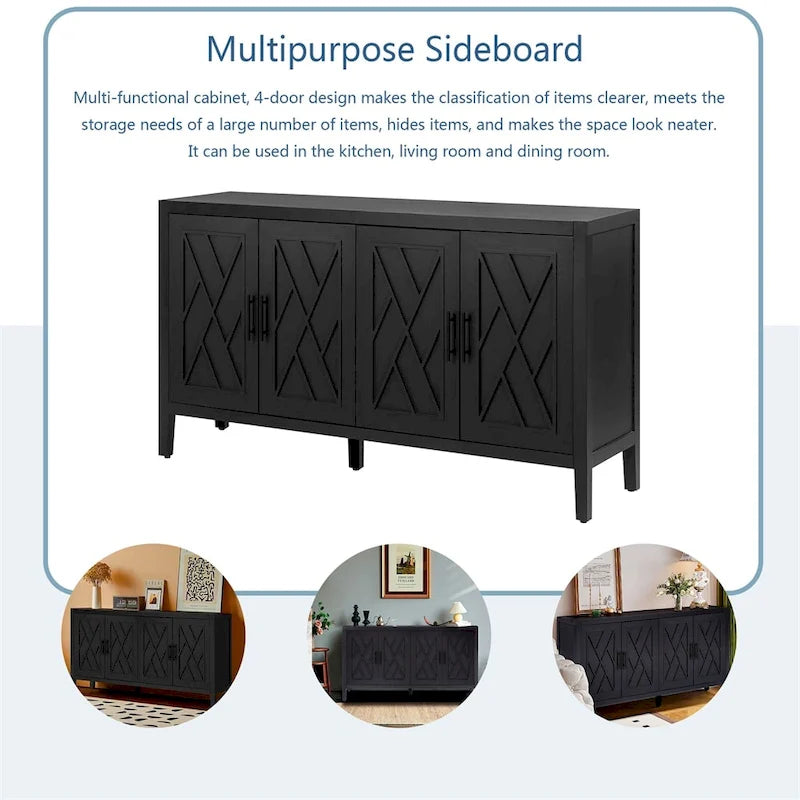Credenza a 4 ante nera/blu navy/marrone, stile vintage, MDF + pino