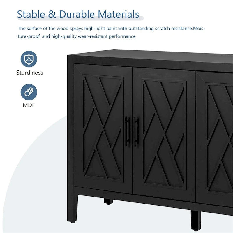 Credenza a 4 ante nera/blu navy/marrone, stile vintage, MDF + pino