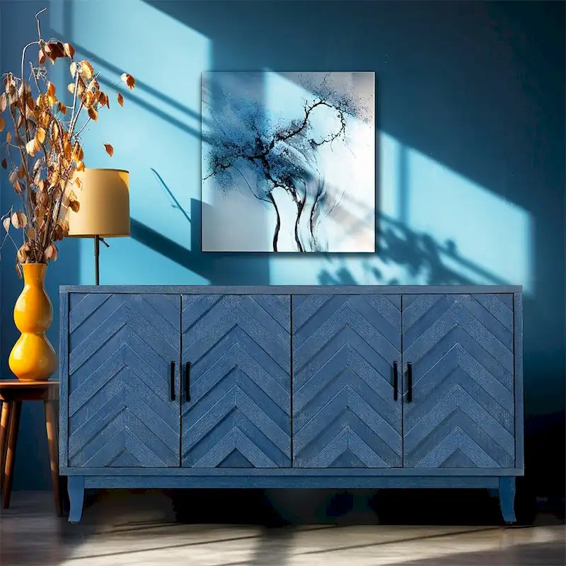Credenza a 4 ante nera/blu navy/marrone, stile vintage, MDF + pino