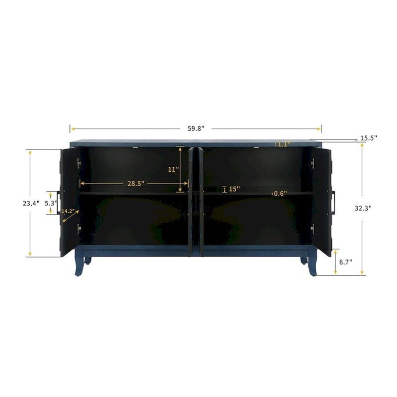 Credenza a 4 ante nera/blu navy/marrone, stile vintage, MDF + pino