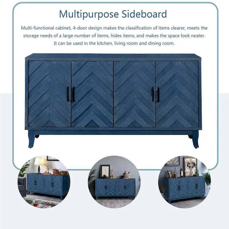 Credenza a 4 ante nera/blu navy/marrone, stile vintage, MDF + pino