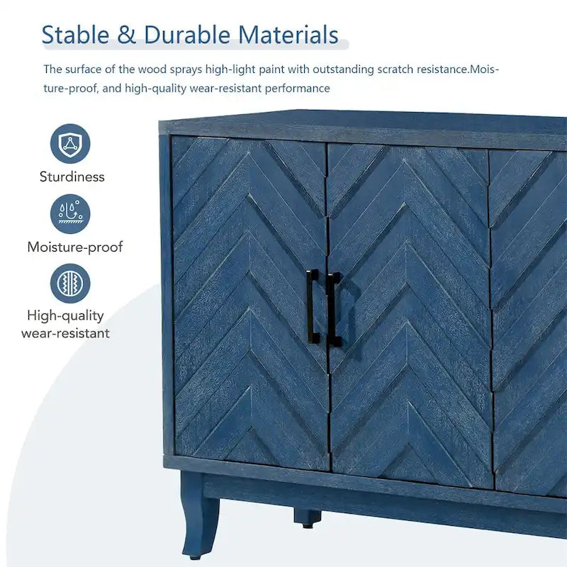 Credenza a 4 ante nera/blu navy/marrone, stile vintage, MDF + pino