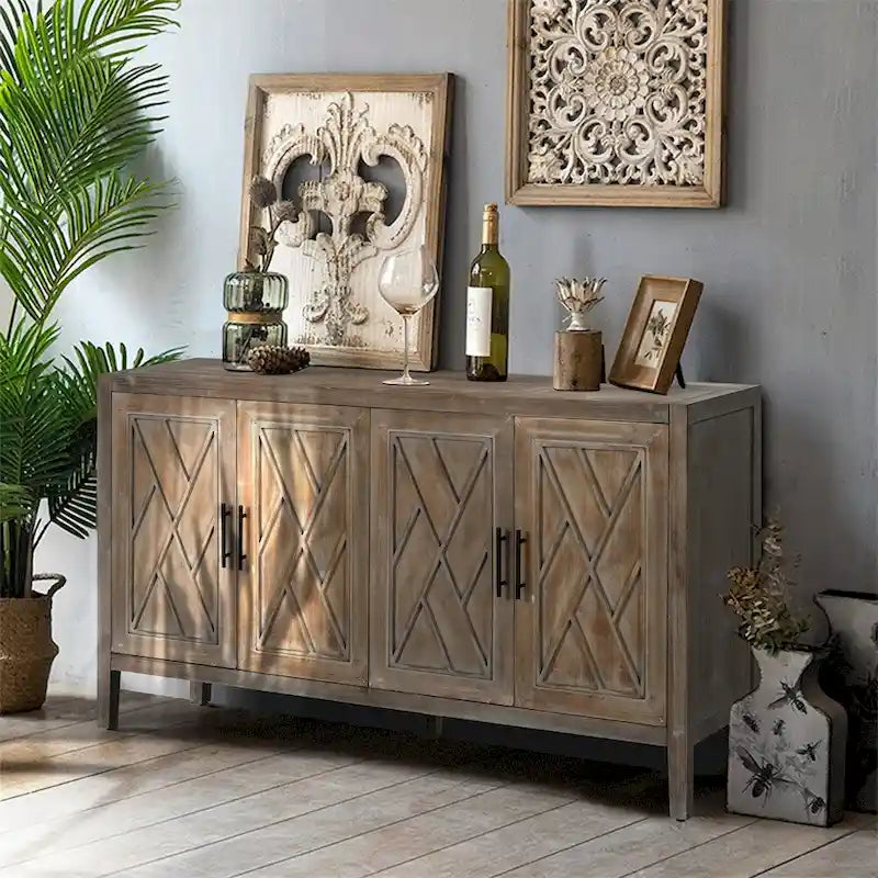 Credenza a 4 ante nera/blu navy/marrone, stile vintage, MDF + pino