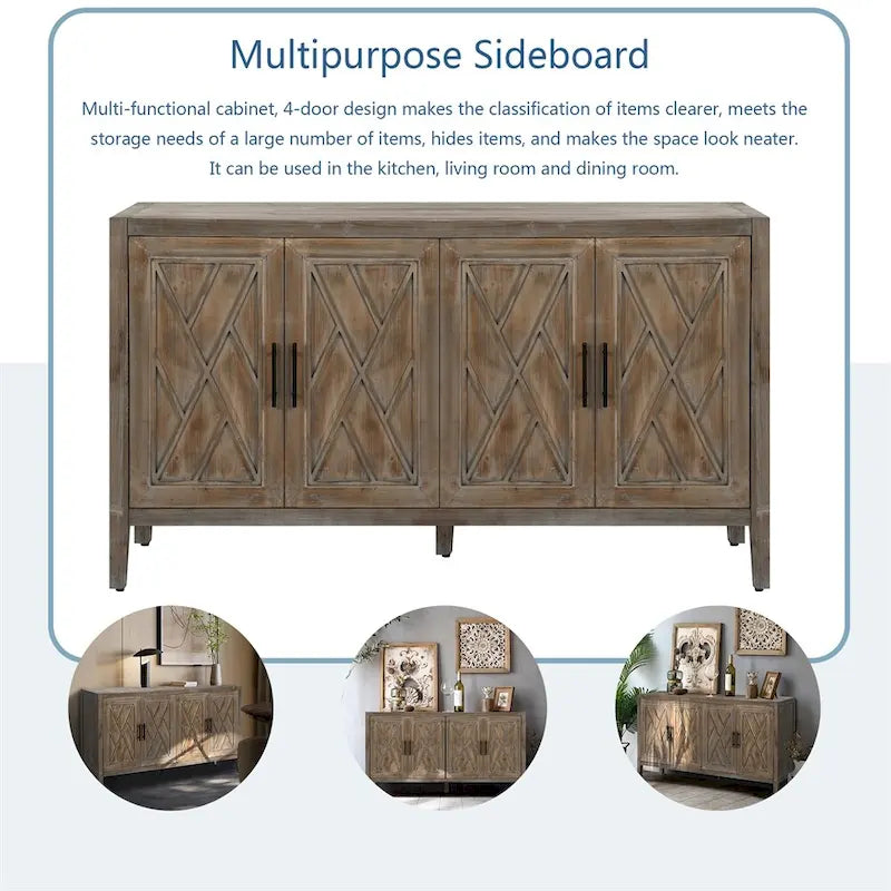 Credenza a 4 ante nera/blu navy/marrone, stile vintage, MDF + pino