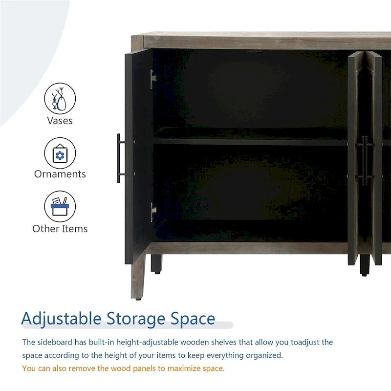 Credenza a 4 ante nera/blu navy/marrone, stile vintage, MDF + pino