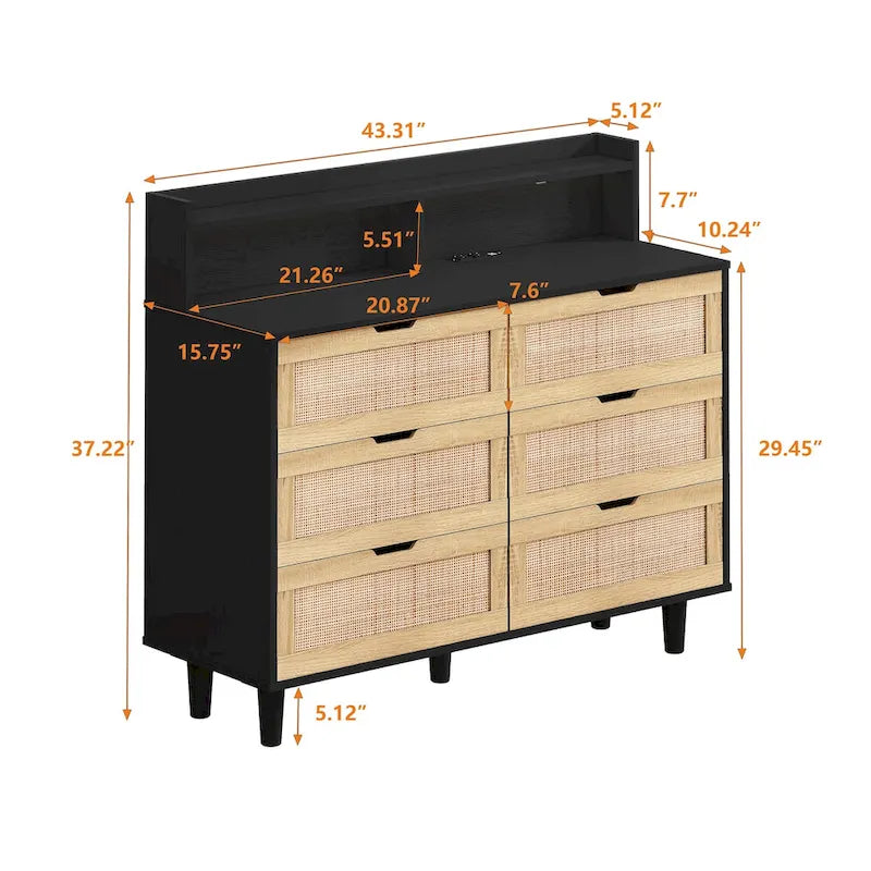 Scrivania da trucco singola in rattan a 6 cassetti (Nero/Bianco/Naturale) con luci LED e presa di corrente