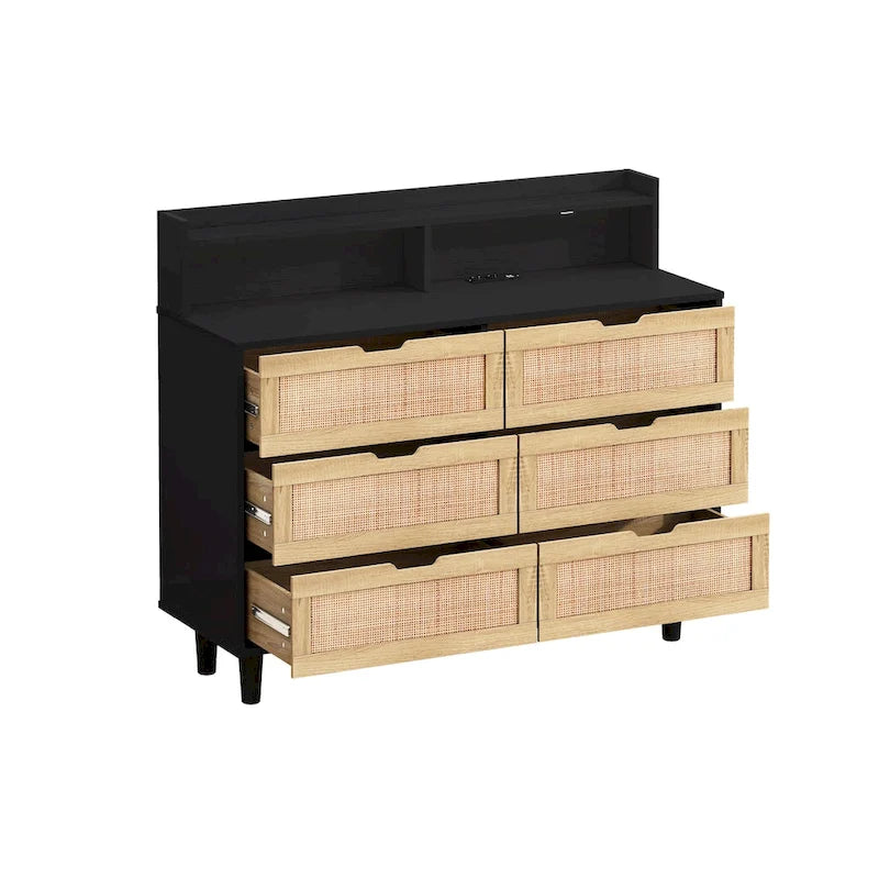 Scrivania da trucco singola in rattan a 6 cassetti (Nero/Bianco/Naturale) con luci LED e presa di corrente