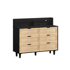 Scrivania da trucco singola in rattan a 6 cassetti (Nero/Bianco/Naturale) con luci LED e presa di corrente