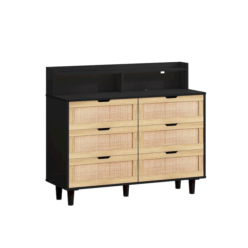 Scrivania da trucco singola in rattan a 6 cassetti (Nero/Bianco/Naturale) con luci LED e presa di corrente