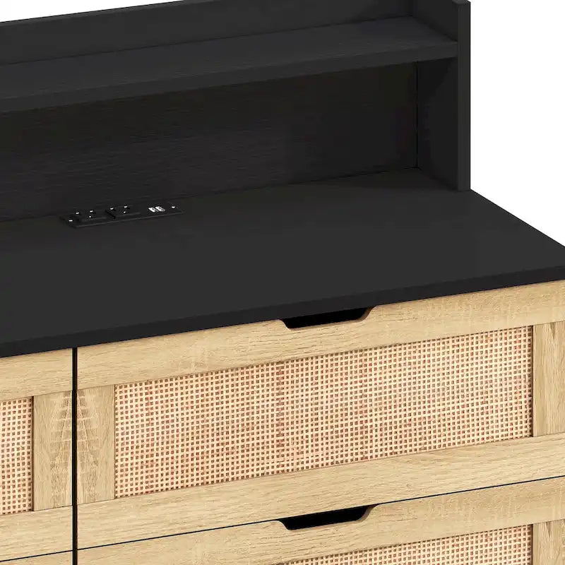 Scrivania da trucco singola in rattan a 6 cassetti (Nero/Bianco/Naturale) con luci LED e presa di corrente