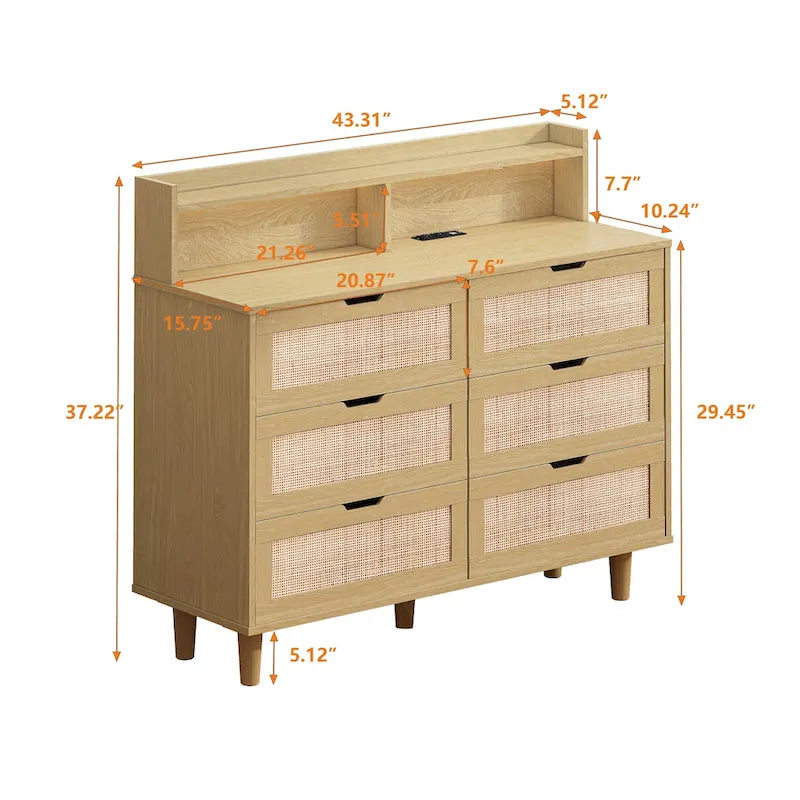 Scrivania da trucco singola in rattan a 6 cassetti (Nero/Bianco/Naturale) con luci LED e presa di corrente