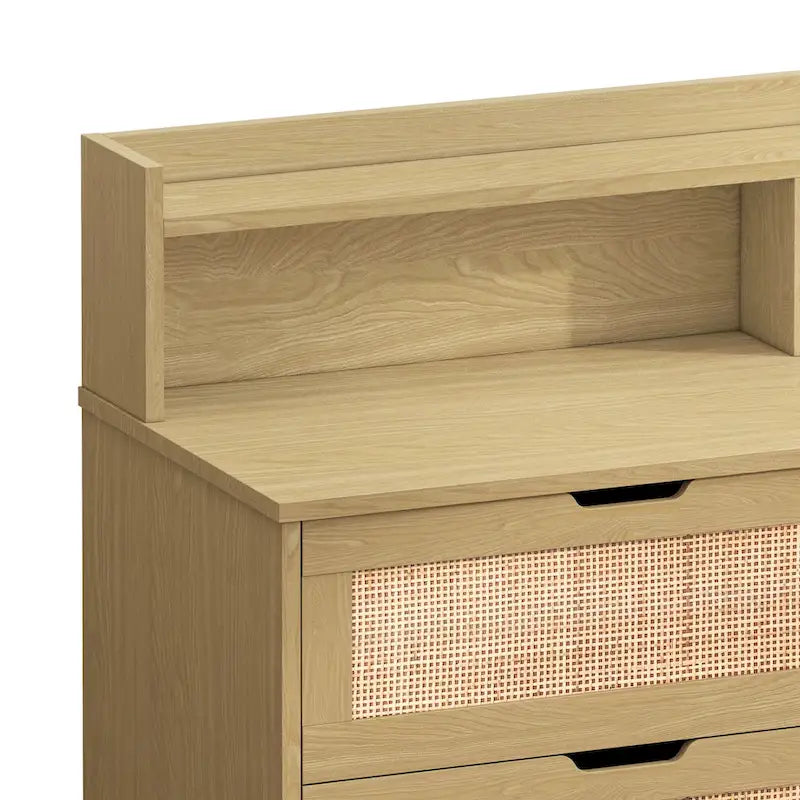 Scrivania da trucco singola in rattan a 6 cassetti (Nero/Bianco/Naturale) con luci LED e presa di corrente