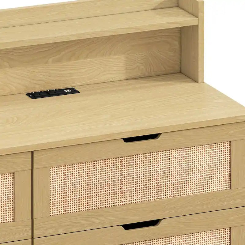 Scrivania da trucco singola in rattan a 6 cassetti (Nero/Bianco/Naturale) con luci LED e presa di corrente
