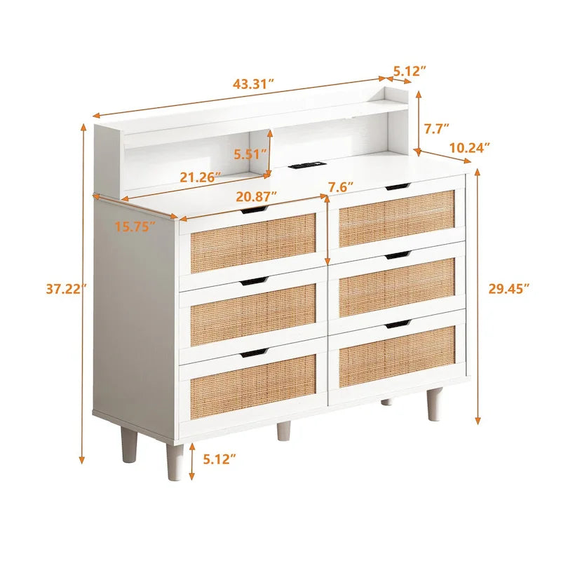 Scrivania da trucco singola in rattan a 6 cassetti (Nero/Bianco/Naturale) con luci LED e presa di corrente
