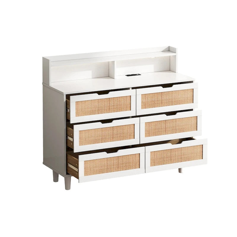 Scrivania da trucco singola in rattan a 6 cassetti (Nero/Bianco/Naturale) con luci LED e presa di corrente